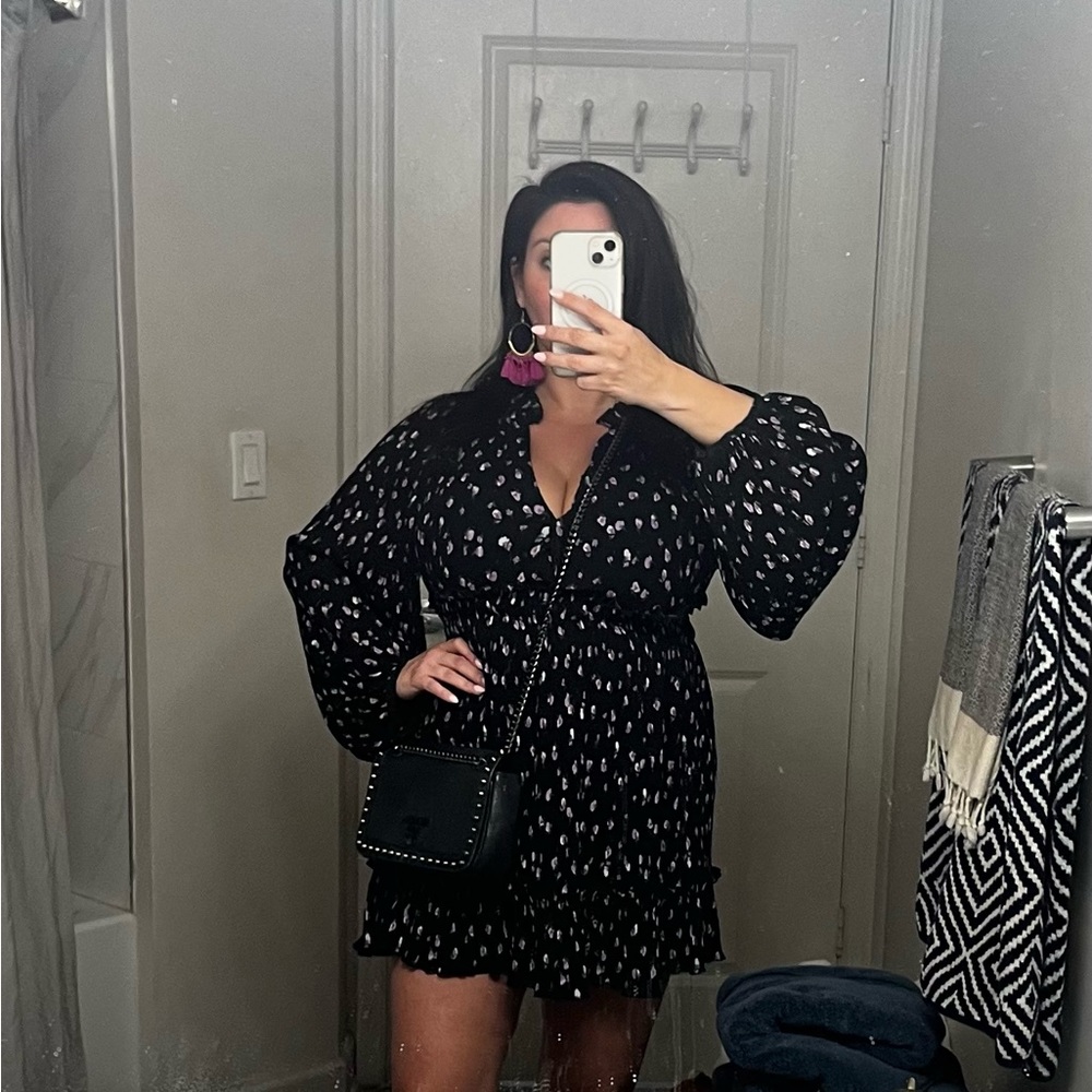 ZARA Chiffon Floral Rutched Long Sleeve Dress, Large. Black & Purple. LIKE NEW.